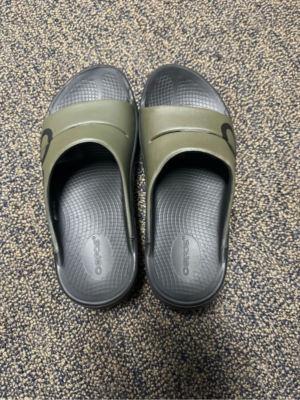 OOFOS Olive Green and Black Slide Sandals